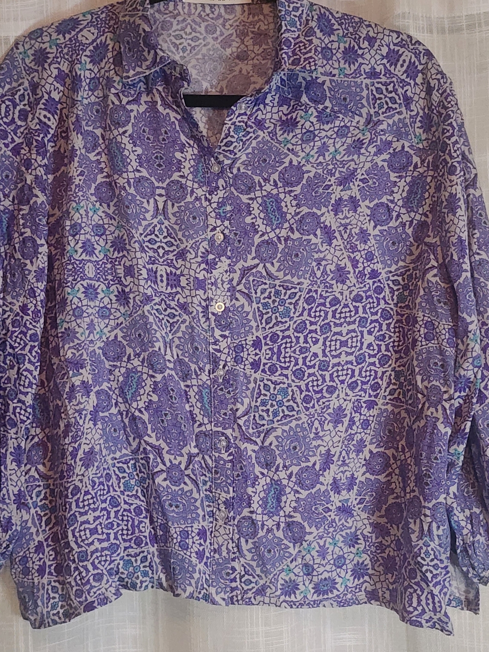 Auguste Purple Boho Floral Button Front Blouse 100% Rayon Balloon Sleeve S